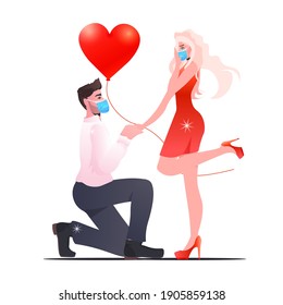 man woman in masks celebrating valentines day coronavirus quarantine concept full length vector illustration