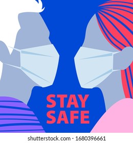 Man and woman in masks poster with Stay safe lettering. Coronavirus protection measures vector illustration.