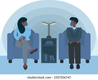 Man and woman with masks sitting in a waiting room. Work meeting.