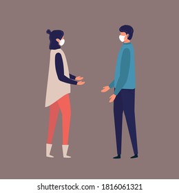 man woman in masks talking. Social Distancing, People keeping distance for infection risk and disease ,wearing a surgical protective Medical mask for prevent virus Covid-19. Health care concept. flat.