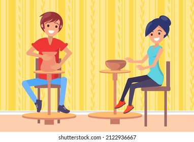 Man and woman masters making clay pots at workshop. Craft hobby or profession, work with material, pottery concept. Potters work in studio and create ceramic products. People making art from clay