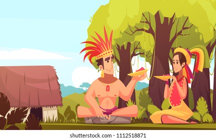 Hombre y mujer de la familia maya usando trajes tradicionales comiendo al aire libre cerca de su choza caricatura ilustración vectorial