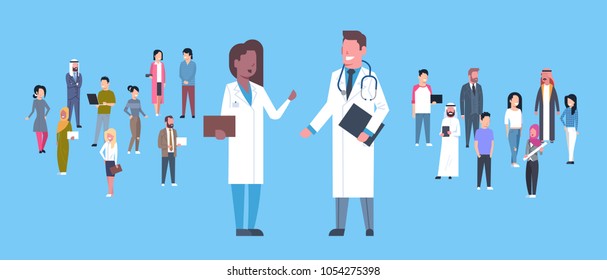 Man And Woman Medical Doctor Over Group Of Patients On Blue Background Horizontal Banner