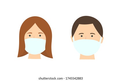 Man and woman in medical face masks, flat design icons. Virus protection. Vector illustration.