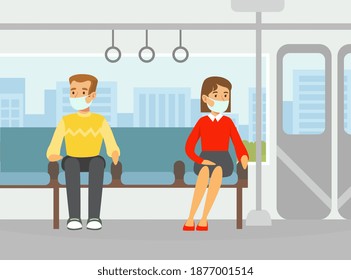 Man and Woman in Medical Face Masks Keeping Safe Social Distance inside Subway Train, People Using Public Transport Vector Illustration