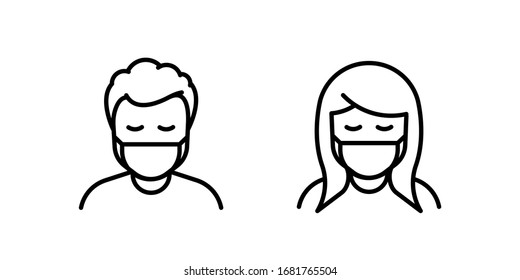 Man and Woman in medical face protection mask. Vector icon of people wearing protective surgical mask. illustration for concepts of disease, coronavirus, quarantine, social distancing