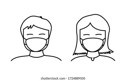 Man and Woman are in medical face protection mask. Vector icon tired people wearing  illustration for concepts of disease, sickness, alergies, pollution and coronavirus, covid 19