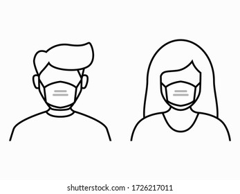 Man and Woman in medical face protection mask. Vector icon of people wearing protective surgical mask. illustration for concepts of disease, coronavirus, quarantine, social distancing