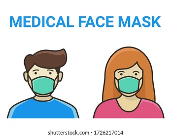 Man and Woman in medical face protection mask. Vector icon of people wearing protective surgical mask. illustration for concepts of disease, coronavirus, quarantine, social distancing