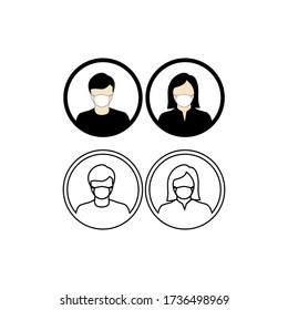 Man and Woman in medical face protection mask. Vector icon of people wearing protective surgical mask. illustration for concepts of disease, coronavirus, quarantine, social distancing