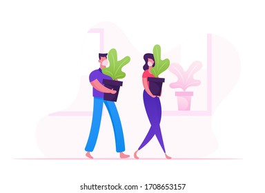 Man and Woman in Medical Mask Carry Flowerpots with Plants. Couple Characters Care of Homeplants, Everyday Routine during Covid19 Pandemic Quarantine Self Isolation. Cartoon People Vector Illustration