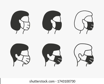 Man and Woman in medical mask icons. Vector illustrations on white.