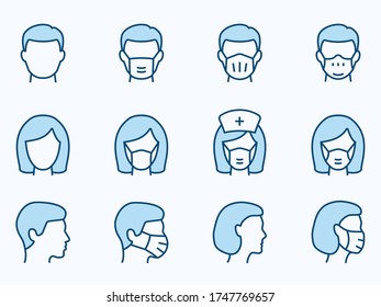 Man and Woman in medical mask icons. Vector illustration isolated on white. Editable stroke.