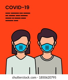 Man and woman in medical mask protecting face from covid 19. Coronavirus prevention concept. linear vector illustration isolated