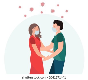 Man and woman in medical masks in friendly, family, romantic relationship, healthcare concept, flat vector illustration