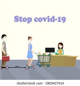 Man and woman in medical masks and gloves doing shopping in supermarket. Quarantine coronavirus 2019-nCoV in the store. Epidemic Precautions