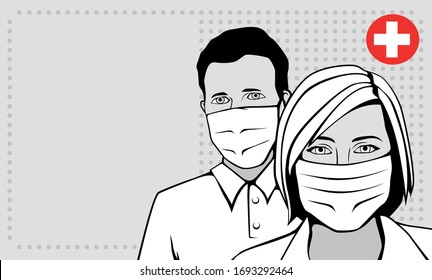 Man and woman in medical masks on the face. Doctors. Hospital. The medicine.