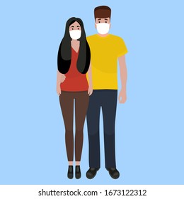 Man and woman in medical masks protect themselves from the epidemic. Cartoon flat design, vector illustration about the diseas