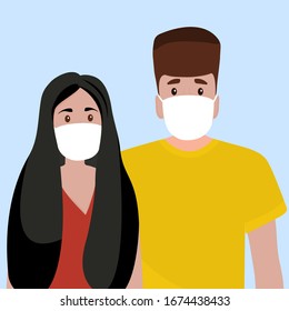 Man and woman in medical masks protect themselves from the epidemic. Cartoon flat design, vector illustration about the disease.