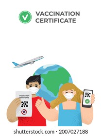 Man and a woman in medical masks with a QR code on the phone against the background of a world map, airplane. Concept of travel during a pandemic. Certificate of vaccination. Vector illustration