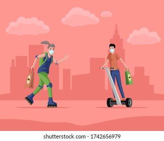 Man and woman in medical masks riding on modern city transport, roller skate and scooter and deliver fast food during coronavirus epidemic vector flat cartoon illustration. Stay home concept.