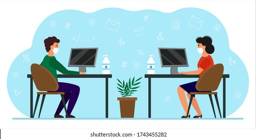 A Man And A Woman In Medical Masks Sit Opposite Each Other In The Office. Work During The Coronavirus Pandemic. Safety And Sterility In The Workplace. The Concept Is A New Reality Of Team Interaction.