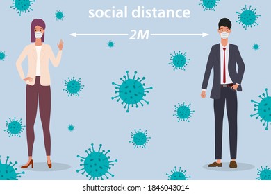 A man and a woman in medical masks stand at a safe distance from each other.Social distancing, prevention of the spread of coronavirus concept of safety and compliance with isolation measures.