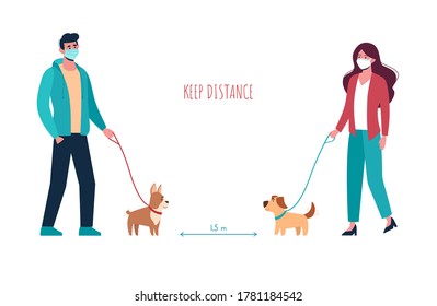 Man and woman in medical masks walking the dogs, keep a distance so as not to spread the virus. People keep puppies of different breeds on a leash. Social isolation. Vector flat, cartoon characters.