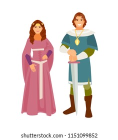 Man And Woman In Medieval Costumes. Vector Illustration