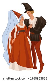 Man and woman from medieval times, couple in love wearing traditional clothes and costumes. Princess and prince, historic recreation of culture and heritage of european country. Vector in flat style
