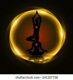 man and woman meditate abstract Dark orange radius background, yoga.