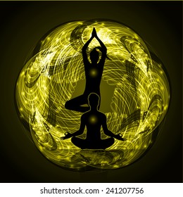 man and woman meditate abstract Dark yellow radius background, yoga.