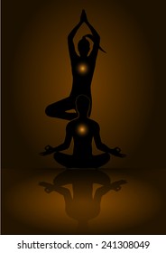 man and woman meditate abstract Dark brown background, yoga.