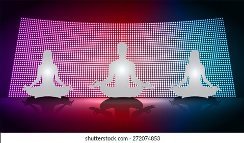 man and woman meditate blue pink red Light abstract radius background, yoga.