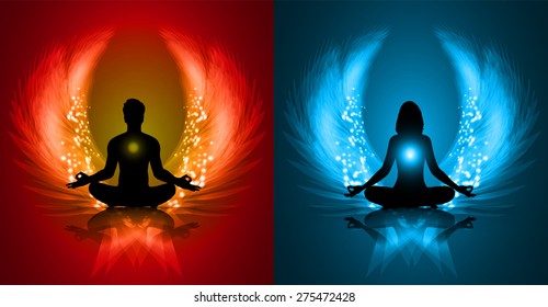 man and woman meditate blue and red orange abstract radius background, yoga. angel wings