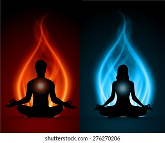 man and woman meditate blue red abstract fire background, yoga. 