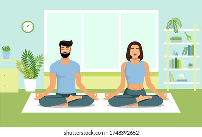 Man and woman meditate in lotus position. Home workout. A young couple practices yoga at home. The concept of a healthy lifestyle. Stay at home. Stock vector illustration in a flat style.