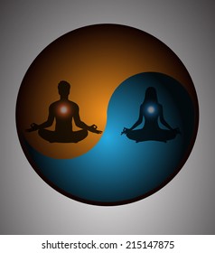man and woman meditate on yin and yang background, yoga. 