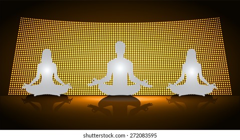 man and woman meditate orange Light abstract radius background, yoga.
