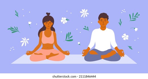 Man and woman meditate sitting in lotus pose on yoga mat. Zen, meditation, relax. Self care, love body, mindfulness, wellness. Couple of people among flowers and leaves. Harmony vector illustration