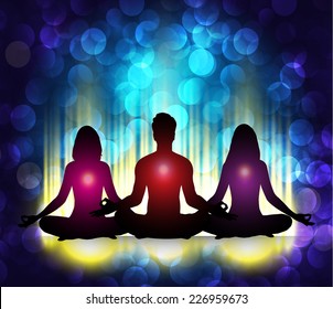 Man and woman meditate, yoga. Abstract vector background, Blue Lights elements background. 