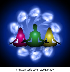 man and woman meditate, yoga. blue radius abstract background. 