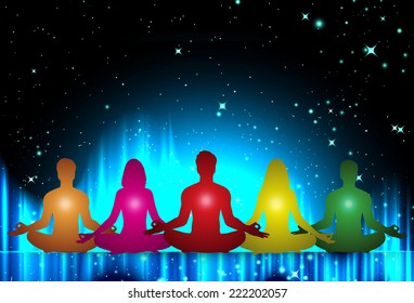man and woman meditate, yoga, star cosmos galaxy universe background.