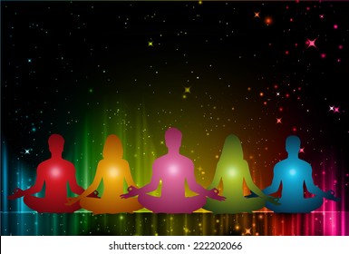 man and woman meditate, yoga, star cosmos galaxy universe background.
