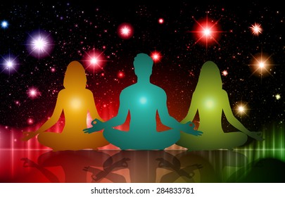 man and woman meditate, yoga, star. green red blue cosmos galaxy universe background.