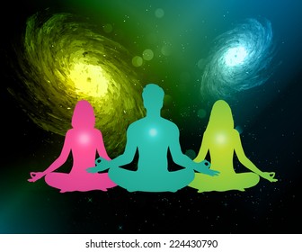 man and woman meditate, yoga, Stars of a planet and galaxy in a free space dark yellow blue background.