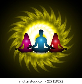 man and woman meditate, yoga. yellow radius abstract background. 