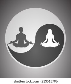 man and woman meditate, yoga, yin yang background. 