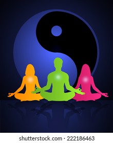 man and woman meditate, yoga, yin yang background. 