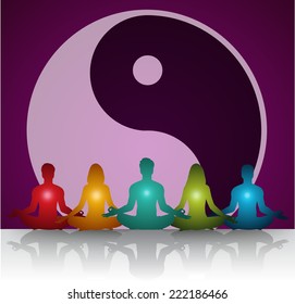man and woman meditate, yoga, yin yang background. 